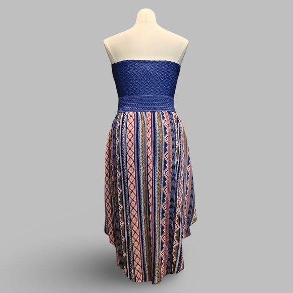 No Boundaries Strapless Hi-Low Boho Dress XL Blue Pink Geometric Knit Midi Dress - Picture 5 of 10